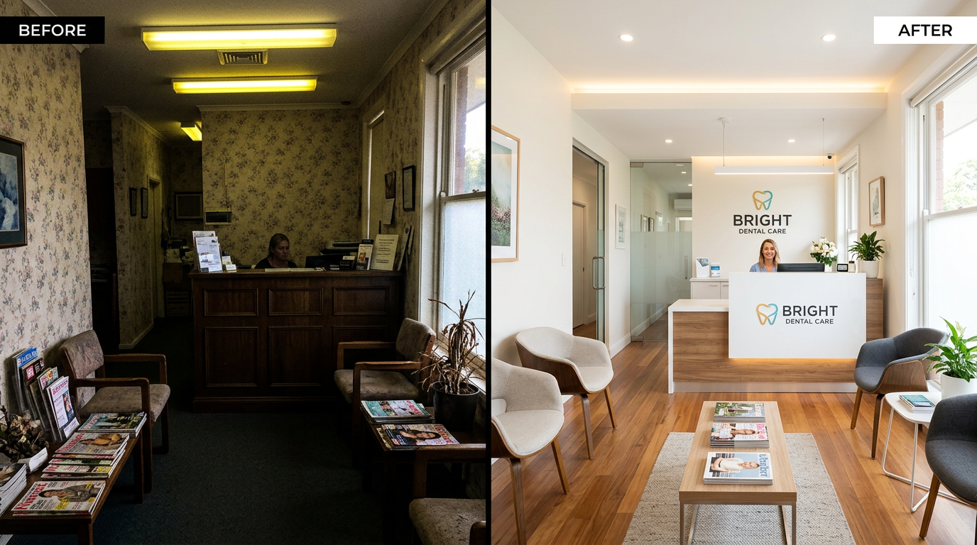 Before and after photo transformation of a dentist office