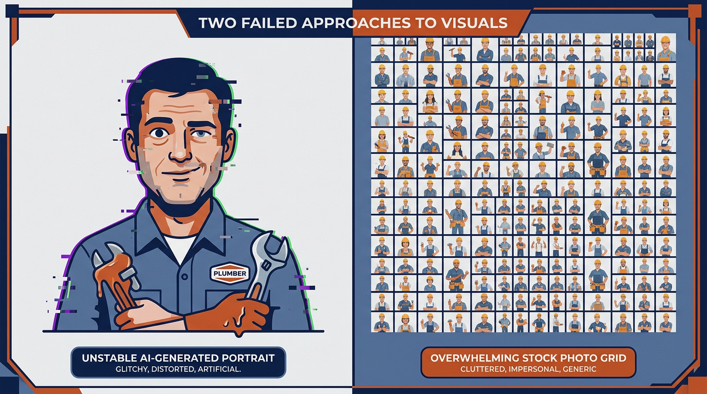 Illustration of the two traps: fake AI photos versus stock photo grinding